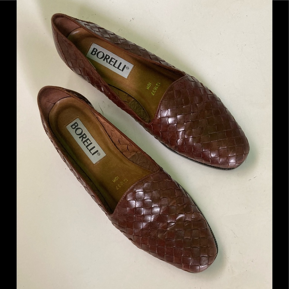 Borelli, brown woven leather uppers, rubber soles, 10M, $50.